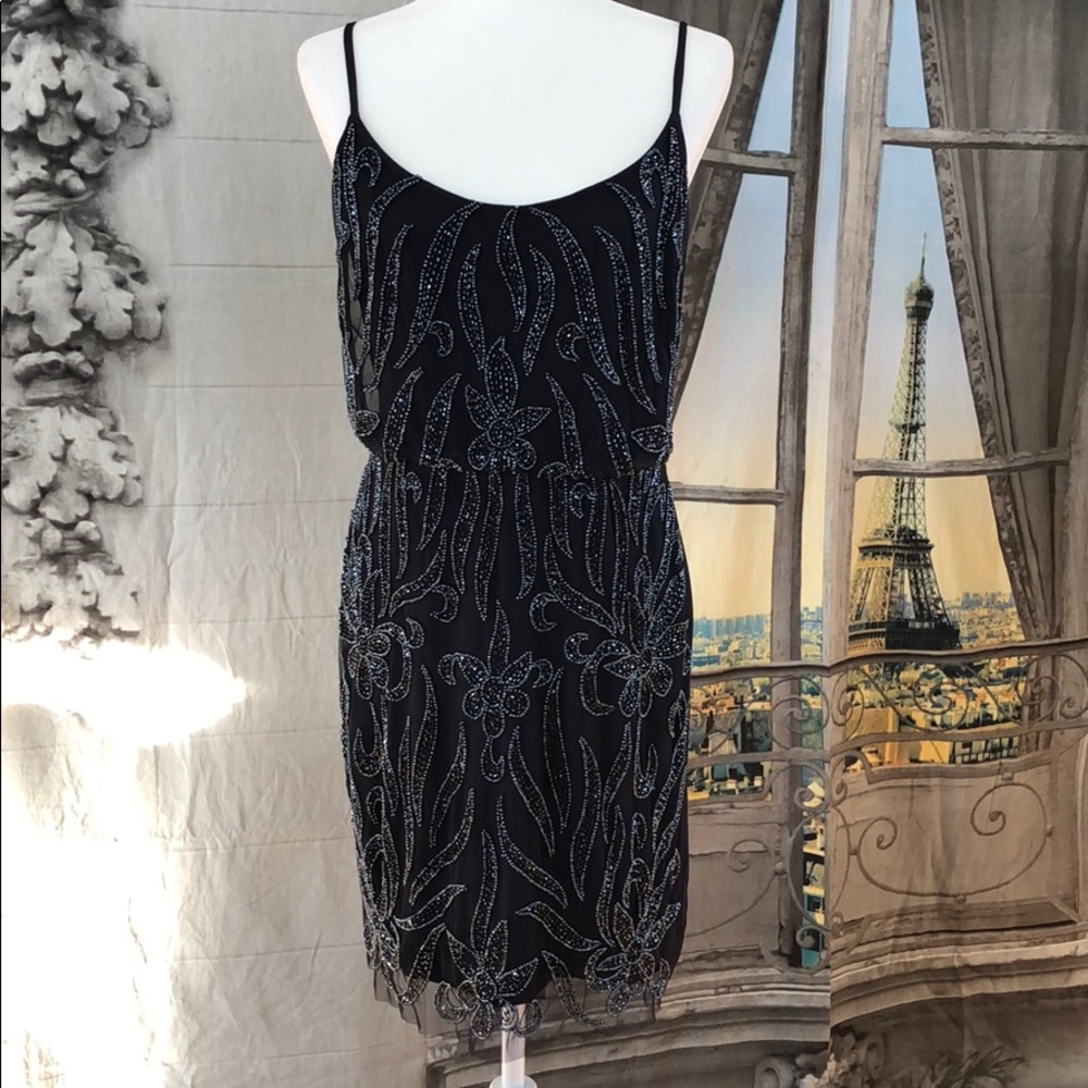 Adrianna Papell Mesh Floral Beaded Sheath Midnight